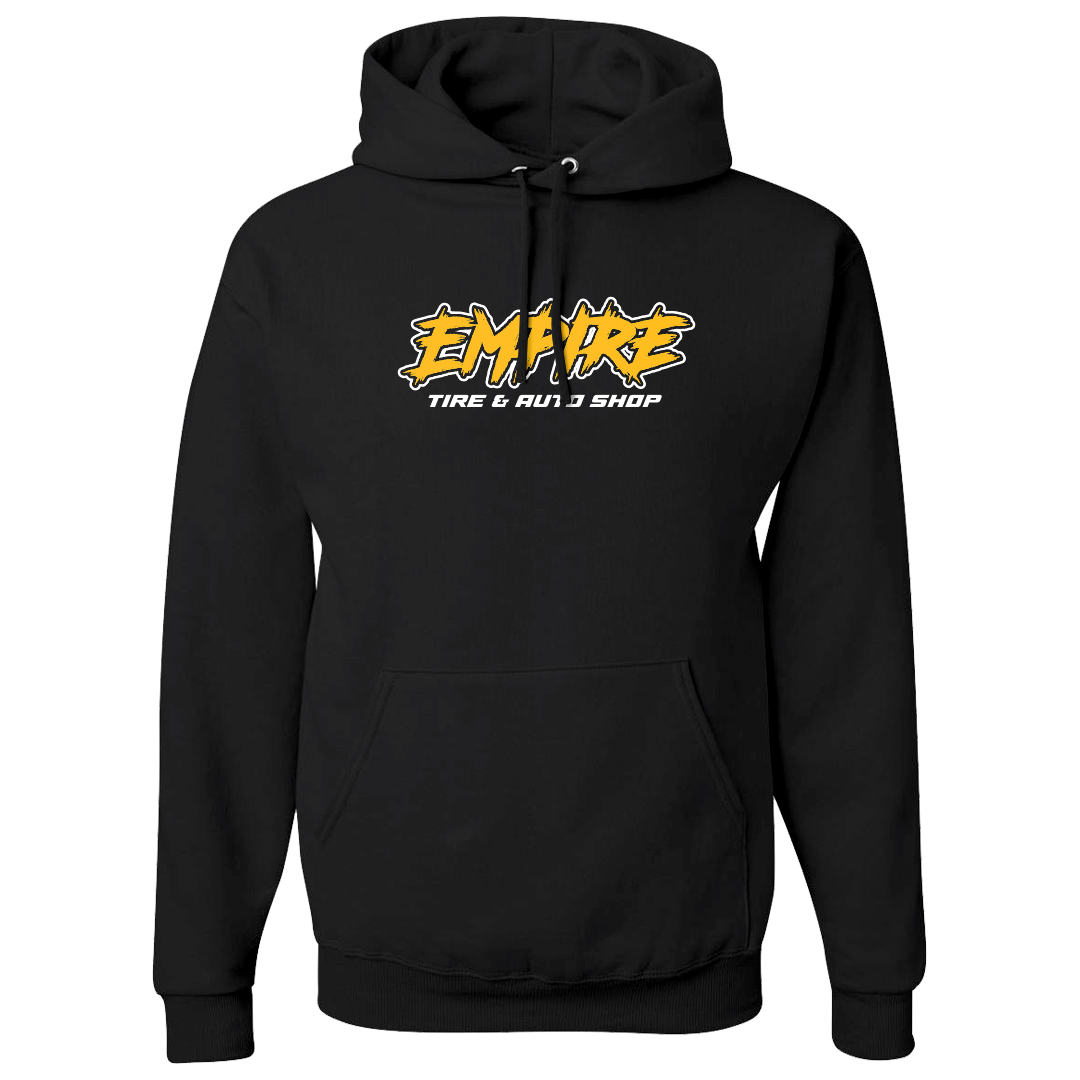 Black hoodie with Empire Tire & Auto Shop logo on the front
