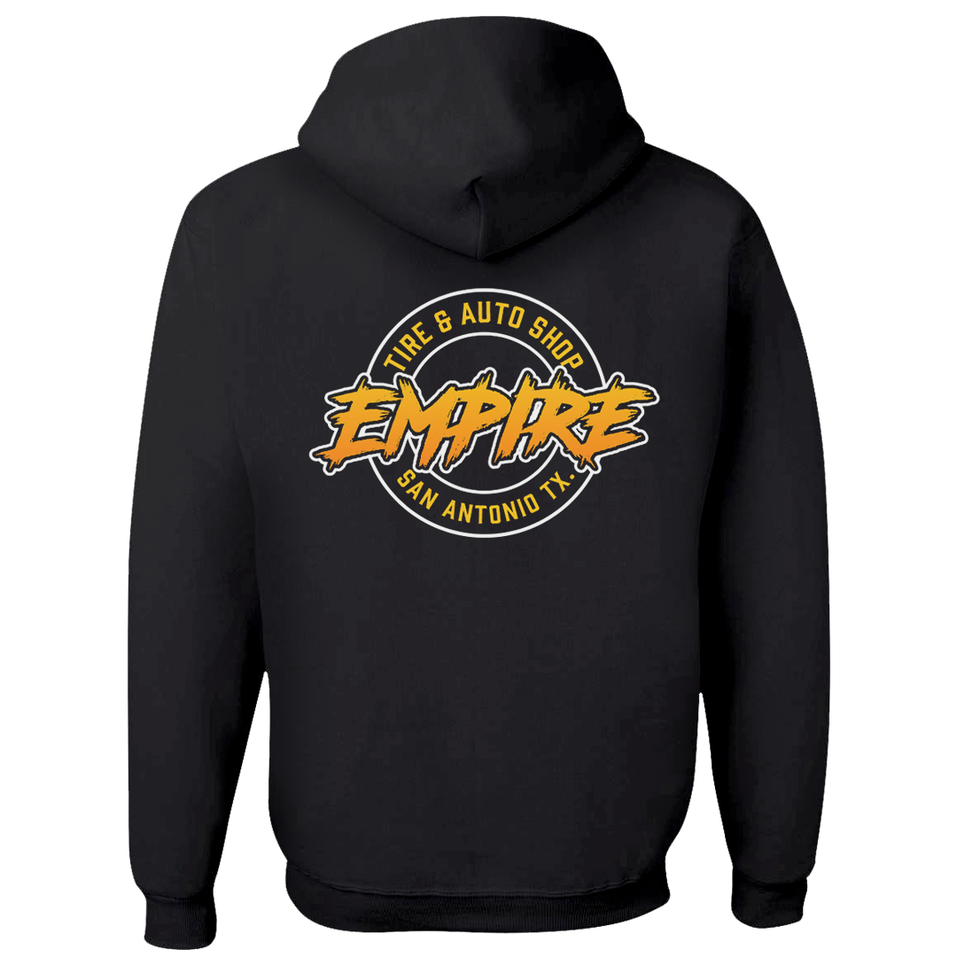 Black hoodie with our Empire Tire & Auto Shop - San Antonio, Texas, logo on the backside of the hoodie.