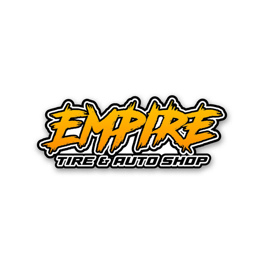 Logo of Empire Tire & Auto Shop in our signature Sun Burst colors with black Tire and Auto Shop, text on a white background. Perfect sticker for any surface.