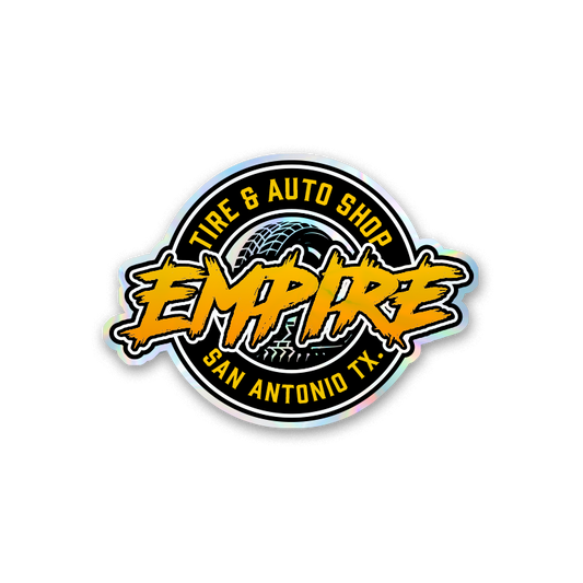 Holographic decal of Empire Tire & Auto Shop - San Antonio TX. with a tire graphic on a holographic background. 3.5 inches